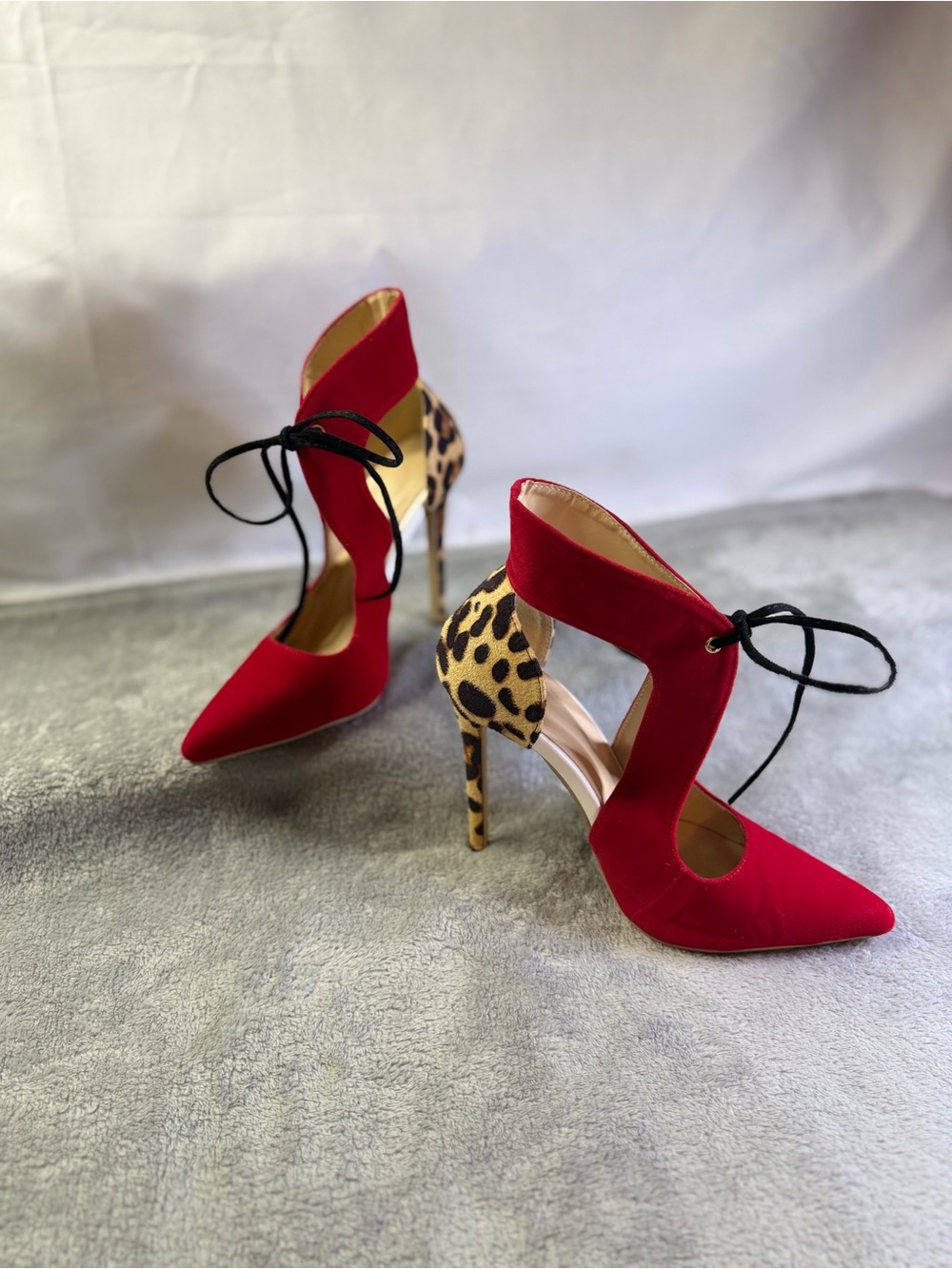 Red Lace-Up Stiletto Pumps with Leopard Heel Accent